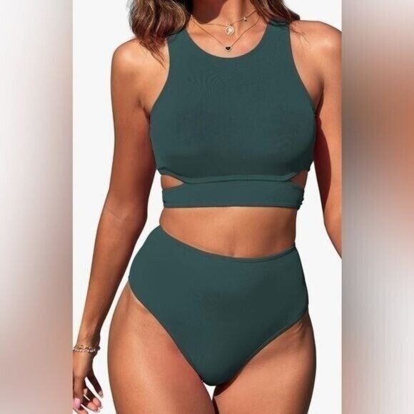 Zaful Women Two-Piece Swimsuit Medium Bikini Green High-Waisted Cutout Back Tie - Picture 2 of 6
